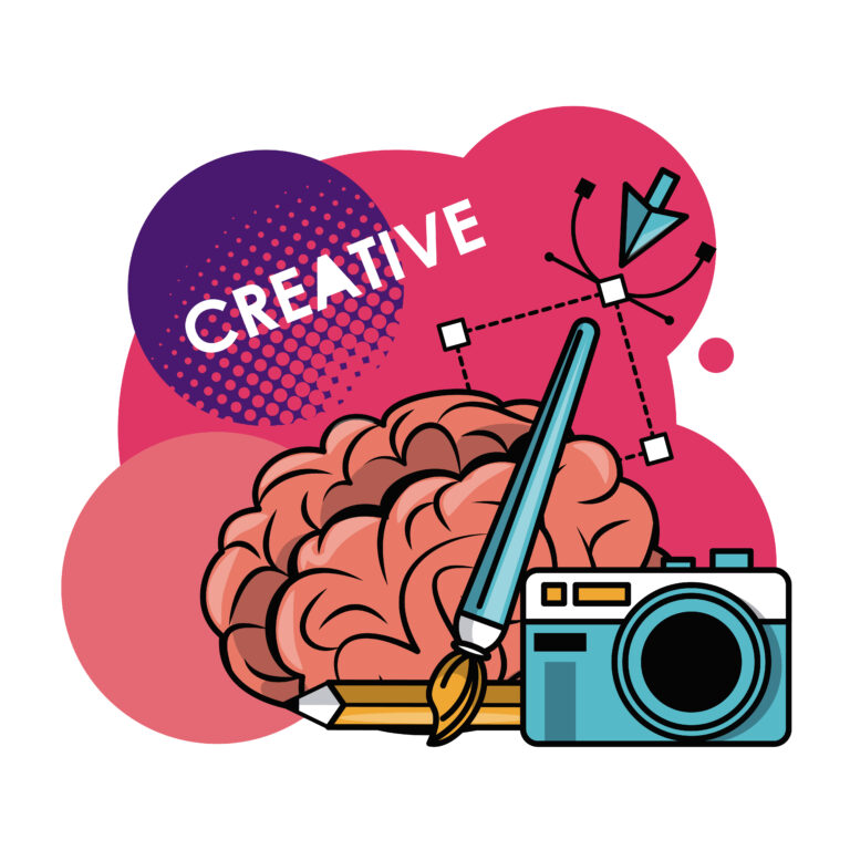 Colorful illustration of a brain with a paintbrush, pencil, and camera symbolizing creativity and learning