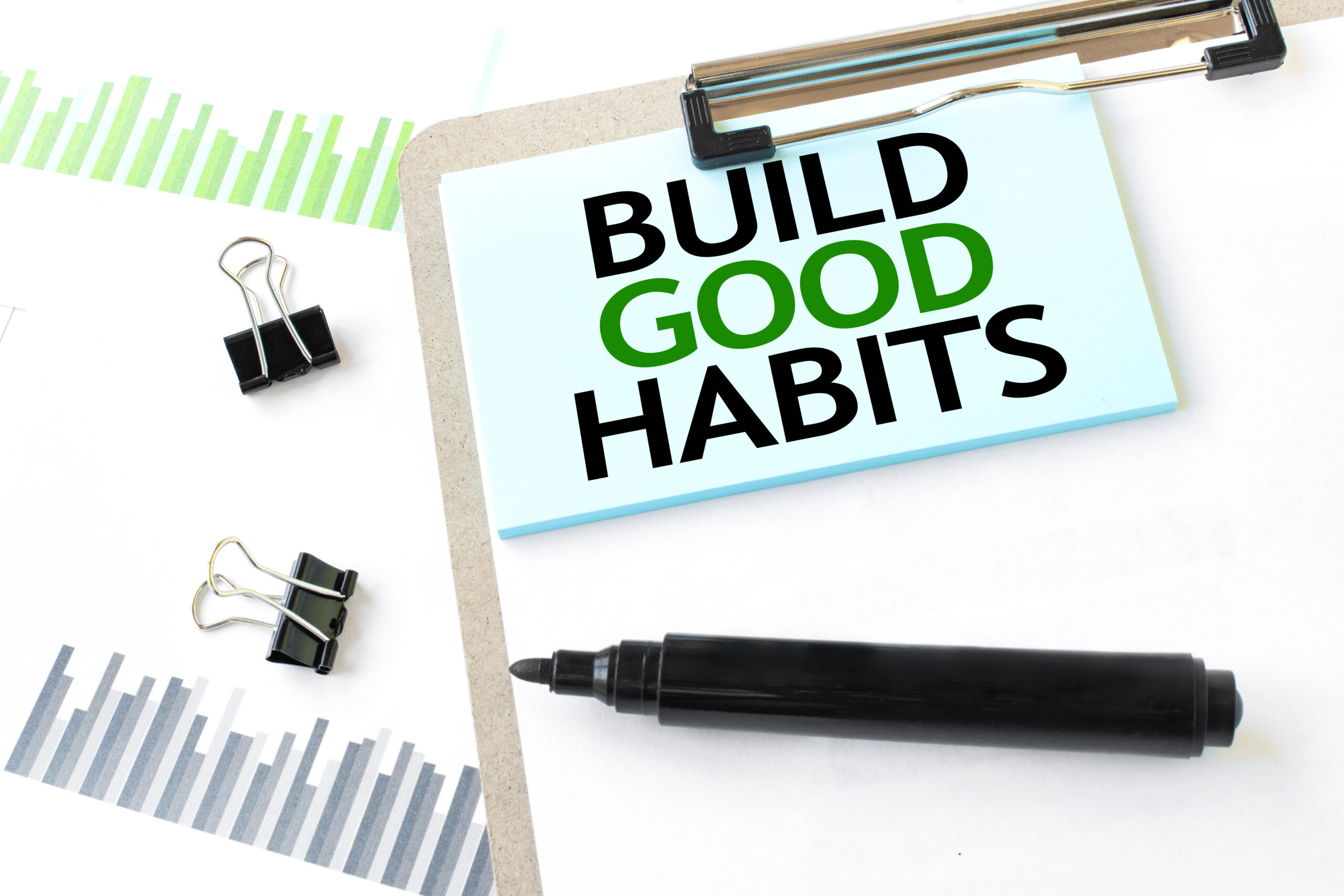 Build good habits diagram with office tools and marker for daily routine planning